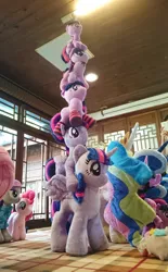 Size: 1000x1611 | Tagged: safe, artist:agatrix, artist:little-broy-peep, artist:nekokevin, artist:ruman, derpibooru import, maud pie, pinkie pie, princess celestia, princess luna, twilight sparkle, twilight sparkle (alicorn), alicorn, pony, 4de, clothes, female, irl, mare, multeity, photo, plushie, ponies riding ponies, socks, sparkle sparkle sparkle, striped socks, taiwan, tower of pony, toy, twilight stackle