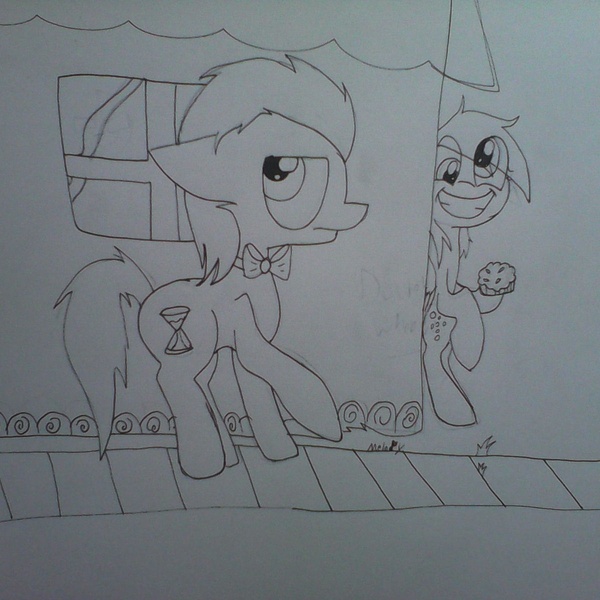 Size: 1200x1200 | Tagged: safe, artist:melodysketchez, derpibooru import, derpy hooves, doctor whooves, time turner, pony, food, house, male, monochrome, pie, sketch, smiling, stallion, traditional art