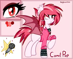 Size: 5000x4000 | Tagged: safe, artist:rarityforever, derpibooru import, oc, oc:ruby dust, unofficial characters only, bat pony, pony, bracelet, choker, clothes, cute, cutie mark, ear piercing, earring, eyeshadow, fangs, jacket, makeup, piercing, raised hoof, smiling, solo, spiked choker, spiked wristband, spread wings, story included