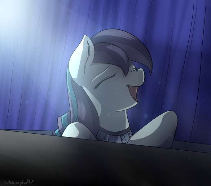 Size: 1400x1233 | Tagged: safe, artist:mercurycraft7, derpibooru import, coloratura, pony, the mane attraction, bust, eyes closed, female, i am just a pony, mare, open mouth, piano, rara, scene interpretation, singing, solo, the magic inside