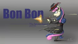 Size: 1920x1080 | Tagged: safe, artist:starlightyu, derpibooru import, bon bon, sweetie drops, earth pony, pony, ak-47, ak-74, assault rifle, badass, blood, bullet, clothes, coat, fedora, female, gun, hat, mare, rifle, scar, secret agent sweetie drops, solo, stockings, suit, weapon