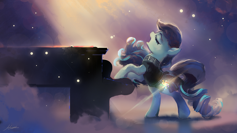 Size: 1920x1080 | Tagged: safe, artist:huussii, derpibooru import, coloratura, earth pony, pony, the mane attraction, beautiful, bipedal, eyes closed, fog, glow, glowing cutie mark, open mouth, piano, playing, rara, scene interpretation, signature, singing, solo, the magic inside, wallpaper, windswept mane