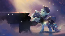 Size: 1920x1080 | Tagged: safe, artist:huussii, derpibooru import, coloratura, earth pony, pony, the mane attraction, beautiful, bipedal, eyes closed, fog, glow, glowing cutie mark, open mouth, piano, playing, rara, scene interpretation, signature, singing, solo, the magic inside, wallpaper, windswept mane