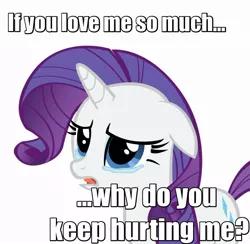 Size: 904x883 | Tagged: armor piercing question, bronybait, crying, derpibooru import, edit, image macro, implied abuse, meme, meta, rarity, sad, semi-grimdark, solo