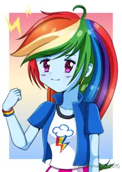 Size: 2480x3508 | Tagged: safe, artist:kateychazuu, derpibooru import, rainbow dash, equestria girls, 2015, clothes, cute, fist pump, jacket, photoshop, signature, skirt, solo, wacom, wristband