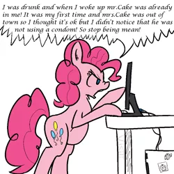 Size: 864x864 | Tagged: adultery, artist:visiti, cakepie, computer, derpibooru import, desk, edit, implied infidelity, implied rape, implied sex, implied virginity, infidelity, molestation, monitor, pinkie pie, pregnant, sensibly-proportioned pregnancy, sleep molestation, solo, suggestive, this will end in divorce, yelling