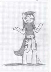 Size: 4864x6880 | Tagged: absurd resolution, anthro, artist:raw16, belly button, clothes, derpibooru import, derpy hooves, female, graph paper, midriff, monochrome, pegasus, safe, shirt, short shirt, sketch, traditional art, t-shirt