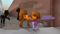 Size: 3000x1687 | Tagged: safe, artist:marsminer, derpibooru import, oc, oc:venus spring, unofficial characters only, pony, butt, dialogue, feels, female, filly, fishnets, hug, mare, plot, prostitution, uplifting
