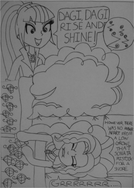 Size: 1057x1476 | Tagged: safe, artist:blazingdazzlingdusk, derpibooru import, adagio dazzle, aria blaze, sonata dusk, equestria girls, comic, drawing, monochrome, rise and shine dagi, the dazzlings, traditional art