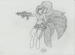 Size: 7014x5100 | Tagged: absurd resolution, anthro, anthro oc, artist:raw16, belly button, bracer, clothes, derpibooru import, female, grayscale, gun, headset, midriff, monochrome, oc, oc:ray muller, pegasus, pendant, rage face, safe, shirt, steel arms, tanktop, tar-21, tavor, traditional art, unofficial characters only, weapon