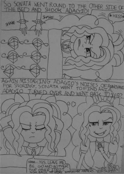 Size: 1023x1432 | Tagged: safe, artist:blazingdazzlingdusk, derpibooru import, adagio dazzle, aria blaze, sonata dusk, equestria girls, comic, drawing, monochrome, rise and shine dagi, the dazzlings, traditional art