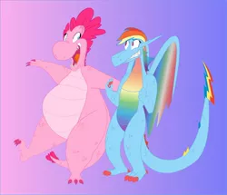 Size: 1280x1103 | Tagged: artist:catstuxedo, colored, colored wings, derpibooru import, dragon, dragonified, edit, fat, gradient background, multicolored wings, pinkiedragon, pinkie pie, rainbow dash, rainbow dragon, rainbow wings, safe, species swap, vector, vector edit