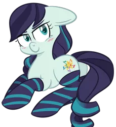 Size: 1246x1363 | Tagged: artist:flaminbunny, bedroom eyes, blushing, clothes, coloratura, cute, derpibooru import, rara, rarabetes, simple background, socks, solo, striped socks, suggestive, the magic inside, the mane attraction, transparent background