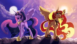 Size: 4900x2800 | Tagged: safe, artist:overlordneon, derpibooru import, sunset shimmer, twilight sparkle, twilight sparkle (alicorn), alicorn, pony, alicornified, alternate timeline, alternate universe, backlighting, duo, ethereal mane, female, mare, race swap, shimmercorn, starry mane, ultimate twilight