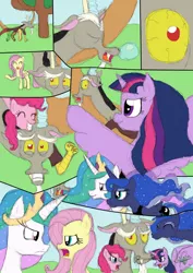Size: 904x1280 | Tagged: safe, artist:jyxia, derpibooru import, discord, fluttershy, pinkie pie, princess celestia, princess luna, twilight sparkle, twilight sparkle (alicorn), alicorn, pony, and then discord was a man, discolight, discopie, discord gets all the mares, discoshy, discoshylestia, discoshylestialight, discoshylight, dislestia, eyes closed, female, lunacord, male, mare, shipping, shipping war, sleeping, straight