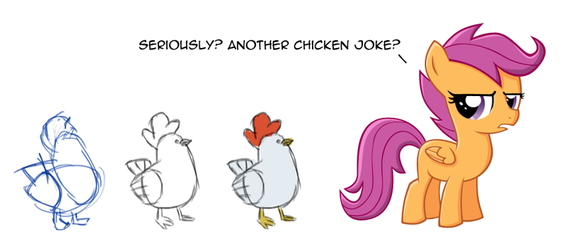 Size: 858x380 | Tagged: angry, artist:sterlingpony, chicken, derpibooru import, drawing tutorial, safe, scootachicken, scootaloo, scootaloo is not amused, solo