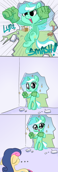 Size: 500x1467 | Tagged: safe, artist:adequality, artist:briskby, derpibooru import, bon bon, lyra heartstrings, sweetie drops, pony, ..., bipedal, bon bon is not amused, comic, cute, hulk hands, lyrabetes, smashing, the incredible hulk