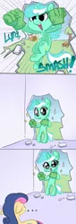 Size: 500x1467 | Tagged: safe, artist:adequality, artist:briskby, derpibooru import, bon bon, lyra heartstrings, sweetie drops, pony, ..., bipedal, bon bon is not amused, comic, cute, hulk hands, lyrabetes, smashing, the incredible hulk