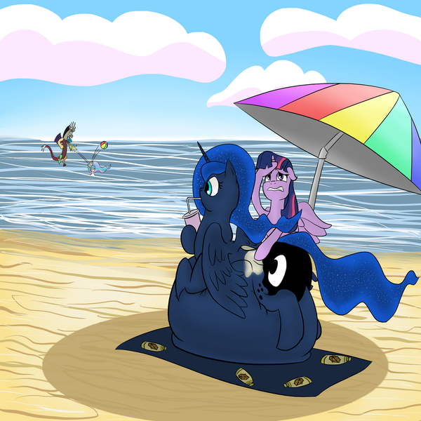 Size: 1200x1200 | Tagged: safe, artist:8aerondight8, derpibooru import, discord, princess celestia, princess luna, twilight sparkle, twilight sparkle (alicorn), alicorn, pony, beach, beach ball, belly, big belly, fat, female, immobile, impossibly large belly, mare, moonbutt, morbidly obese, obese, princess moonpig, sunscreen, towel, umbrella, weight gain