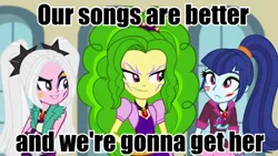 Size: 720x405 | Tagged: safe, derpibooru import, edit, edited edit, edited screencap, screencap, adagio dazzle, aria blaze, sonata dusk, equestria girls, rainbow rocks, image macro, jem, meme, pizzazz, recolor, roxy, stormer, text edit, the dazzlings, the misfits