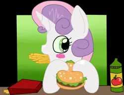 Size: 826x634 | Tagged: artist:krazykari, artist:mcsadat, blushing, burger, derpibooru import, food, french fries, gentlemen, safe, solo, sweetie belle