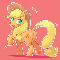 Size: 850x850 | Tagged: safe, artist:denkiketoru, derpibooru import, applejack, earth pony, pony, blushing, cute, female, hat, jackabetes, mare, open mouth, pixiv, plot, red background, simple background, solo