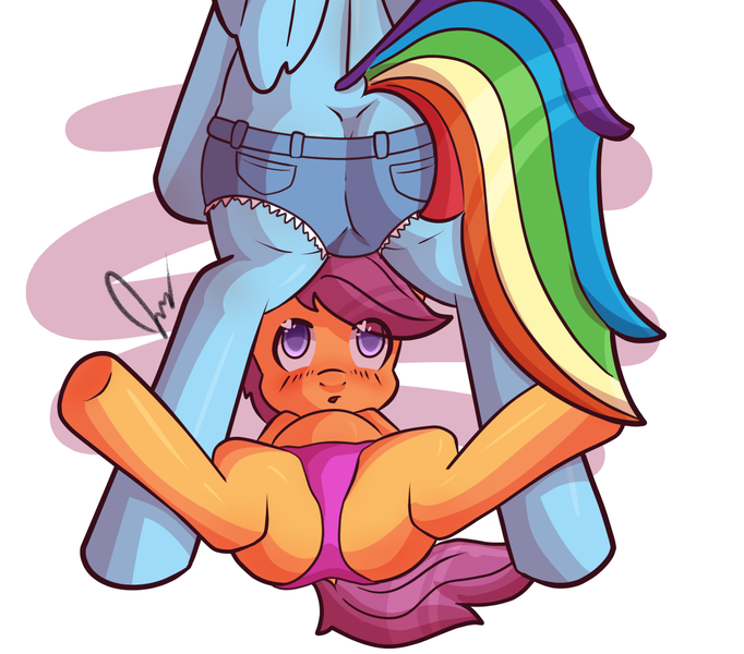 Size: 1082x952 | Tagged: artist:anonjg, blushing, clothes, daisy dukes, derpibooru import, foalcon, looking up, offscreen character, panties, pink underwear, questionable, rainbow dash, rainbutt dash, scootaloo, shorts, underwear