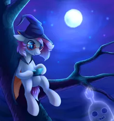 Size: 3571x3781 | Tagged: safe, artist:ghst-qn, derpibooru import, oc, unofficial characters only, ghost, pony, 3ds, cape, clothes, female, full moon, gamer, glasses, grin, hat, hi-five ghost, looking at you, looking down, mare, moon, night, outdoors, regular show, sitting, sitting in a tree, smiling, solo, stars, tree, tree branch, witch