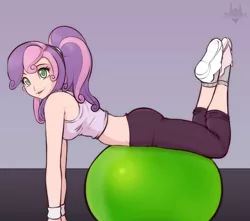 Size: 2413x2136 | Tagged: adorasexy, artist:scorpdk, clothes, cute, derpibooru import, exercise ball, female, human, humanized, looking at you, midriff, older, open mouth, safe, sexy, solo, sweetie belle, tanktop, wristband, yoga, yoga pants