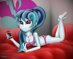 Size: 1266x1024 | Tagged: suggestive, artist:kiowa213, derpibooru import, edit, sonata dusk, equestria girls, barefoot, bra, breasts, cleavage, clothes, cute, earbuds, feet, female, listening, music, necklace, panties, phone, pink underwear, ponytail, signature, smartphone, smiling, solo, solo female, sonatabetes, underwear, underwear edit