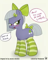 Size: 4000x5000 | Tagged: safe, artist:an-tonio, artist:wodahseht, color edit, derpibooru import, edit, limestone pie, earth pony, pony, absurd resolution, blushing, bow, clothes, colored, cute, dialogue, embarrassed, female, hair bow, implied pinkie pie, limabetes, limetsun pie, mare, open mouth, ribbon, simple background, socks, solo, striped socks, tail bow, tail wrap, tsundere