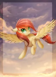 Size: 1024x1413 | Tagged: safe, artist:ghst-qn, derpibooru import, oc, oc:ricky, unofficial characters only, pegasus, pony, cloud, female, floppy ears, flying, looking at you, mare, signature, sky, solo