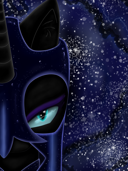 Size: 1500x2000 | Tagged: artist:charlottelanoire, close-up, derpibooru import, ethereal mane, eyes, helmet, nightmare moon, reflection, safe, solo