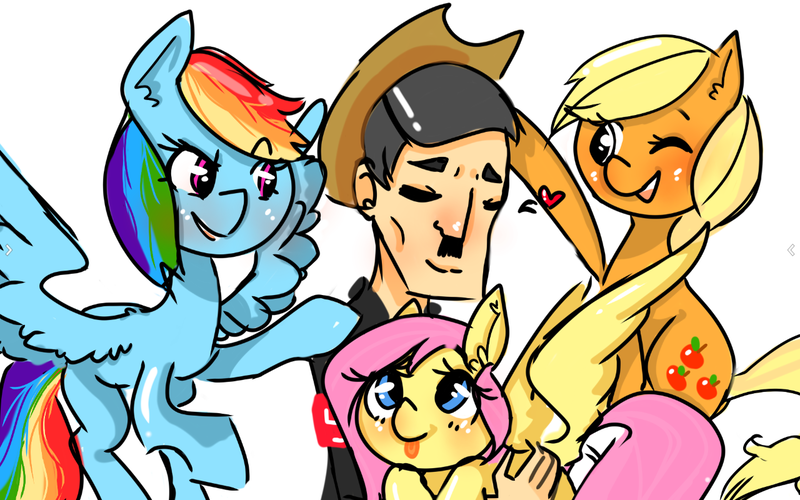 Size: 1280x800 | Tagged: 8chan, adolf hitler, applejack, cuddling, derpibooru import, fluttershy, /pone/, rainbow dash, safe, snuggling