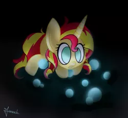 Size: 1651x1521 | Tagged: safe, artist:ebenou, derpibooru import, sunset shimmer, pony, unicorn, cute, filly, glow, orbs, shimmerbetes, solo, younger