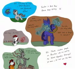 Size: 2550x2352 | Tagged: safe, artist:maniakmonkey, derpibooru import, discord, oc, oc:blackjack, oc:lacunae, oc:somber, alicorn, pony, fallout equestria, fallout equestria: project horizons, black sclera, blackjack and hookers, computer, glare, laptop computer, levitation, magic, minigun, open mouth, rubbing alcohol, smiling, spread wings, statue, telekinesis, wide eyes