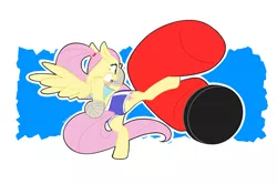 Size: 1024x679 | Tagged: alternate hairstyle, artist:petalierre, boxing, bra, clothes, derpibooru import, flutterbadass, fluttershy, gritted teeth, kickboxing, kicking, martial arts, muay thai, ponytail, punching bag, safe, semi-anthro, solo, sports bra, sports shorts, tanktop, taped fists, training, workout