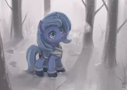 Size: 3508x2480 | Tagged: safe, artist:mrs1989, derpibooru import, princess luna, alicorn, pony, blushing, boots, breath, clothes, cute, female, filly, forest, lunabetes, scarf, snow, snowfall, solo, tree, winter, woona