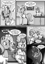 Size: 1860x2622 | Tagged: suggestive, artist:anibaruthecat, derpibooru import, sweetie belle, oc, oc:cobalt, comic:cutiemark check-up, canon x oc, comic, femboy, foalcon, male, medicine, monochrome, nurse outfit, this will end in jail time