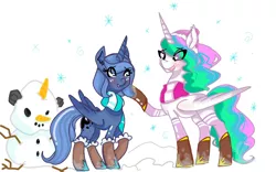 Size: 1122x702 | Tagged: 8chan, artist:anonymous, clothes, derpibooru import, /pone/, princess celestia, princess luna, s1 luna, safe, scarf, snow, snowfall, snowman