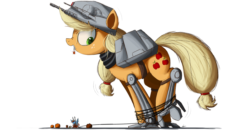 Size: 2500x1429 | Tagged: safe, artist:ncmares, derpibooru import, applejack, rainbow dash, earth pony, pegasus, pony, armor, at-at, bondage, clothes, costume, crossover, cute, dashabetes, eyes closed, frown, giant pony, gritted teeth, halloween, halloween costume, helmet, hogtied, holiday, jackabetes, looking back, macro, mouth hold, ncmares is trying to murder us, nightmare night, nose wrinkle, open mouth, pumpkin, raised leg, simple background, size difference, smiling, snowspeeder, star wars, tied up, white background, wide eyes