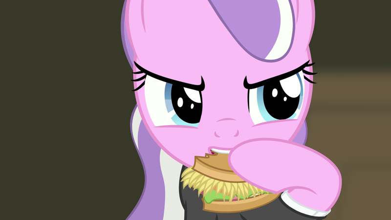 Size: 1450x816 | Tagged: artist:bootsyslickmane, burger, clothes, derpibooru import, diamond tiara, eating, food, hay burger, hoof hold, movie reference, pulp fiction, safe, simple background, suit