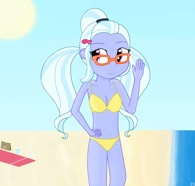 Size: 1249x1192 | Tagged: safe, artist:sutekh94, deleted from derpibooru, derpibooru import, sugarcoat, equestria girls, friendship games, beach, belly button, bikini, cleavage, clothes, female, glasses, solo, swimsuit