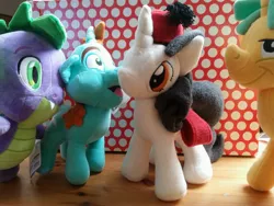 Size: 4128x3096 | Tagged: safe, artist:satokit, derpibooru import, snails, snips, spike, oc, oc:smudge proof, dragon, unicorn, clothes, colt, commission, irl, male, photo, plushie, present, quartet, stallion