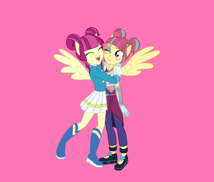 Size: 1600x1362 | Tagged: safe, artist:ila-mae, derpibooru import, majorette, sour sweet, sweeten sour, equestria girls, friendship games, background human, boots, headcanon, hug, long lost sisters, love, ponied up, shoes, sisters, sweetly and sourly