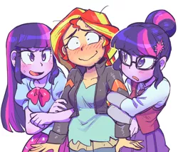 Size: 856x733 | Tagged: dead source, safe, artist:jirousan, derpibooru import, sci-twi, sunset shimmer, twilight sparkle, twilight sparkle (alicorn), equestria girls, friendship games, blushing, counterparts, cute, duality, female, glasses, lesbian, magical trio, polyamory, scitwishimmer, shimmerbetes, shipping, simple background, sunset twiangle, sunsetsparkle, this will end in polygamy, twiabetes, twilight's counterparts, twolight, white background