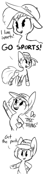 Size: 726x2904 | Tagged: safe, artist:tjpones, derpibooru import, oc, oc:sporty mcsportshorse, unofficial characters only, pony, baseball cap, cheering, comic, do the thing, generic, hat, monochrome, solo, sports, that pony sure does love sports