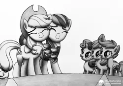 Size: 1000x704 | Tagged: apple bloom, applejack, artist:rockingscorpion, coloratura, cowboy hat, cutie mark crusaders, derpibooru import, hat, hug, monochrome, open mouth, rara, safe, scene interpretation, scootaloo, show accurate, signature, simple background, smiling, stage, stetson, sweetie belle, the mane attraction, white background