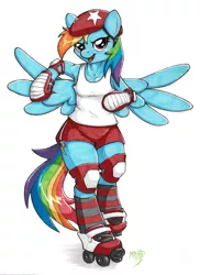 Size: 2407x3300 | Tagged: anthro, arm hooves, armpits, artist:pon8d, derpibooru import, knee pads, marker drawing, prismacolors, rainbow dash, roller derby, roller skates, safe, shoulder pads, simple background, solo, traditional art, unguligrade anthro, white background