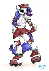 Size: 2303x3300 | Tagged: anthro, arm hooves, artist:pon8d, belly button, derpibooru import, knee pads, marker drawing, midriff, prismacolors, rarity, roller derby, roller skates, safe, shoulder pads, simple background, solo, traditional art, unguligrade anthro, white background